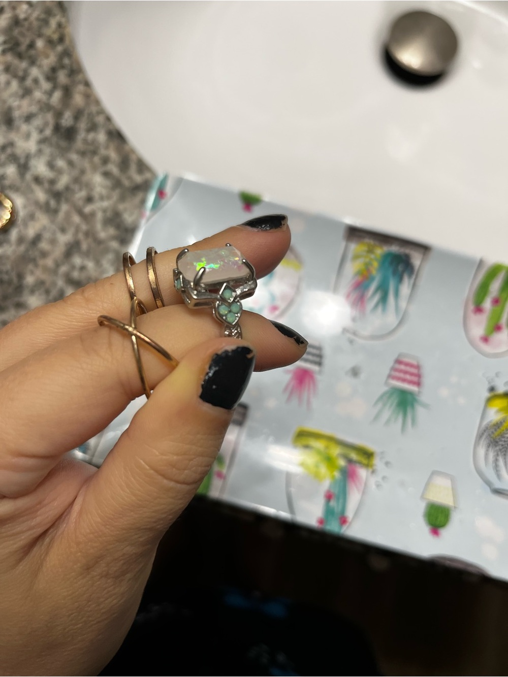 Opal Heart Accent Silver Ring - White & Aqua Stone and 2 extra bundle rings NWOT